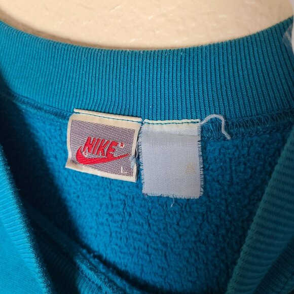 VTG 90s Nike Colorblock Crewneck Sweatshirt Sz LG Turquoise & Navy Blue Swoosh - Picture 5 of 8
